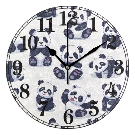 Cute Pandas Cartoon 10" Silent Wall Clock Non-Ticking Battery Clocks