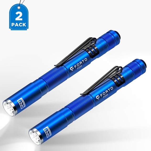 FORTO Small LED Flashlight 200 Lumens IP67 Waterproof, AAA Batteries Penlight, Blue 2 Packs