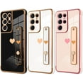 thumbnail image 5 of Designed for Samsung Galaxy S21 Ultra Case with Strap Luxury Love Heart Plating Gold Bumper Phone Cover Wristband Kickstand Full Body Protective Slim Case for Women - Pink, 5 of 9