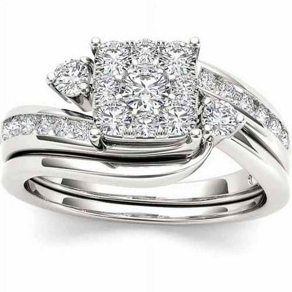 3/4 Carat T.W. Diamond 10kt White Gold Cluster Engagement Ring Set
