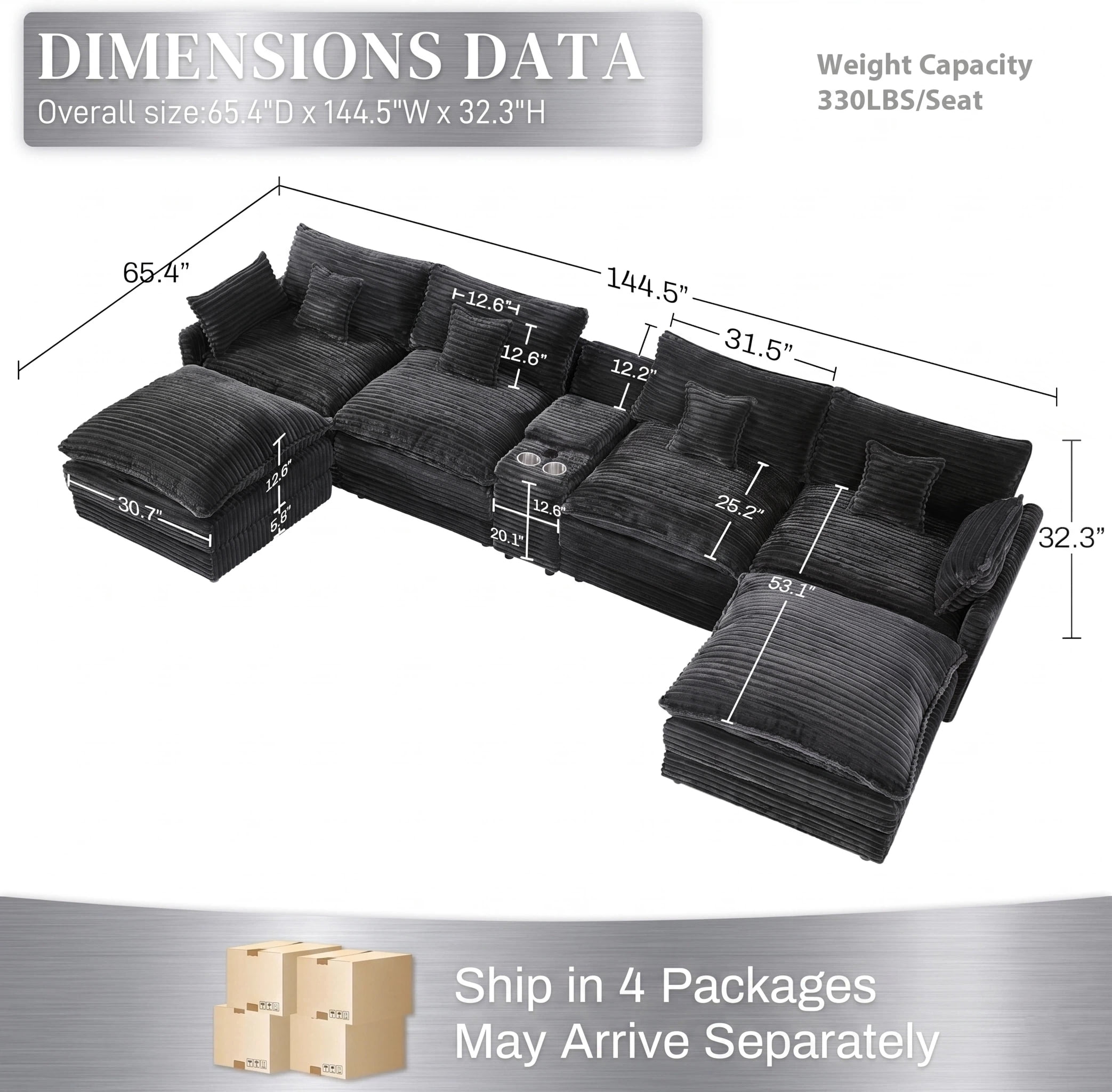 ANPPORT Luxury 145" U Shaped Cloud Modular Sectional Sofa, Corduroy Deep Seat Couch with Storage Console, USB Ports & Cup Holders for Living Room, Grey