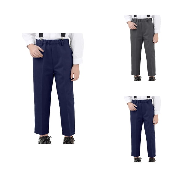 Boys Lined Dress Pants, Winter Warm -Lined School Trousers for Kids, Elastic Waist Flat Front Twill Straight Leg Long Pants