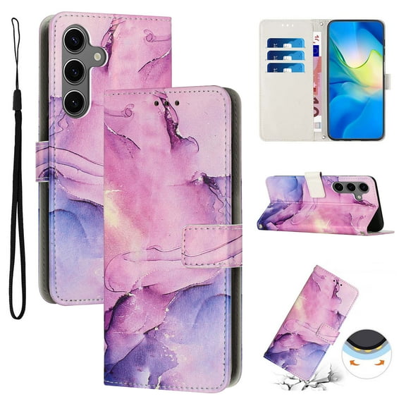Compatible with Samsung Galaxy A16 4G/5G Wallet Case for Women with Credit Card Holders, Designed Flip PU Leather Kickstand Shockproof Protective Cover with Wrist Strap for Galaxy A16 4G/5G, Purple