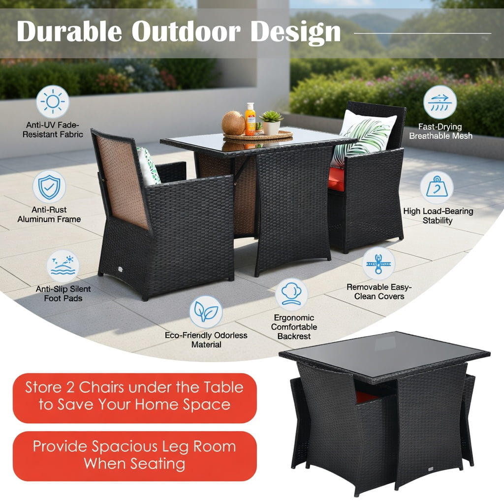 Hommoo 3-Piece Outdoor Rattan Patio Furniture Set with Red Cushions, Tempered Glass Table & Ergonomic Armchairs for Balcony, Porch, and Garden, Red