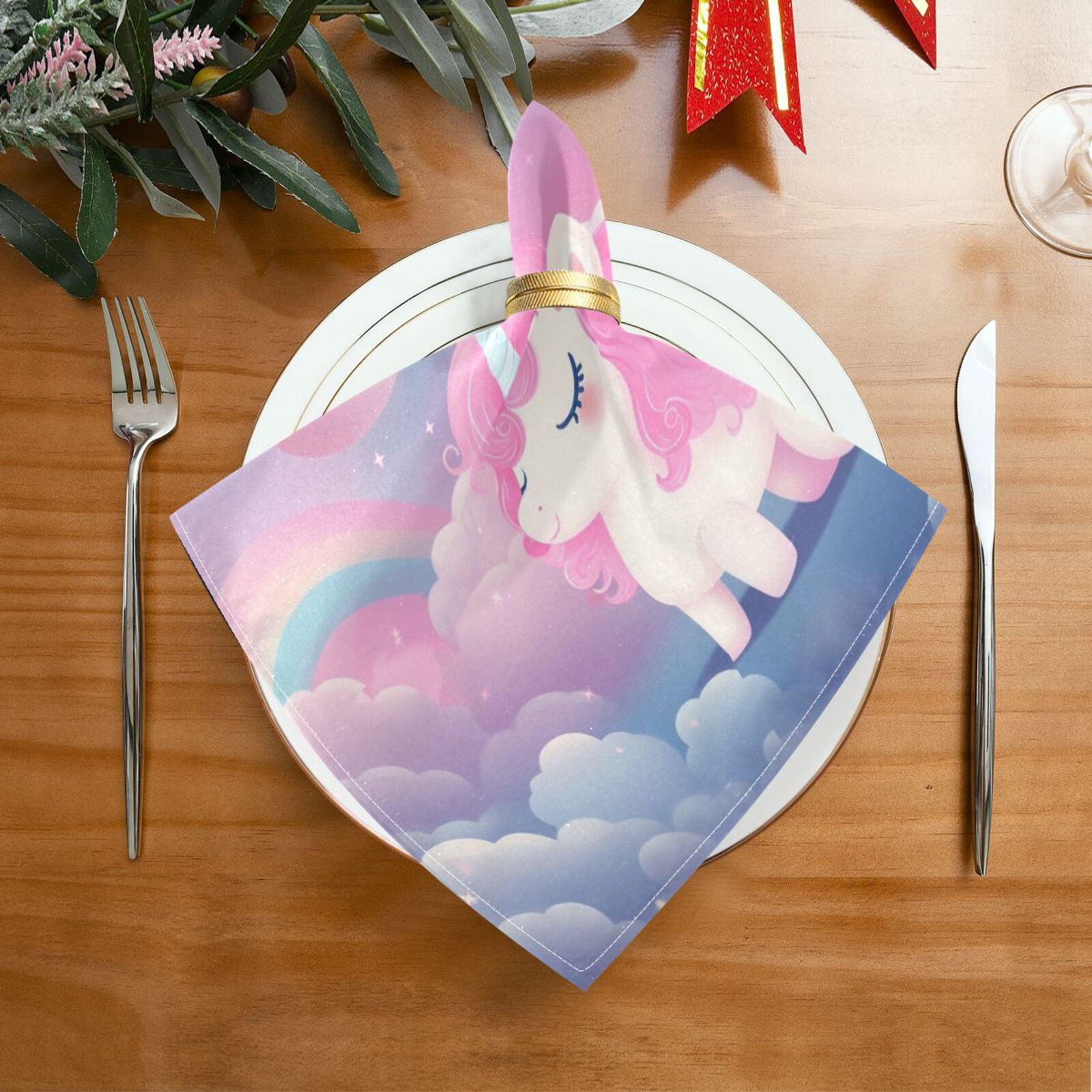 JSTEL Cute Unicorn Rainbow Cloth Napkins Set of 6, 20x20 Inch Washable and Reusable Napkin for Decoupage Dinner Party Everyday Use