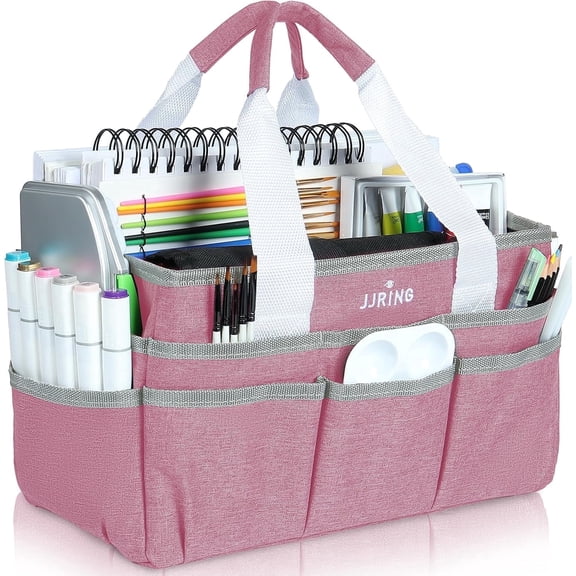 Craft Organizer Tote Bag, Pink Art Storage and Sewing Caddy with Multiple Pockets for Scrapbooking, School, and Office Supplies