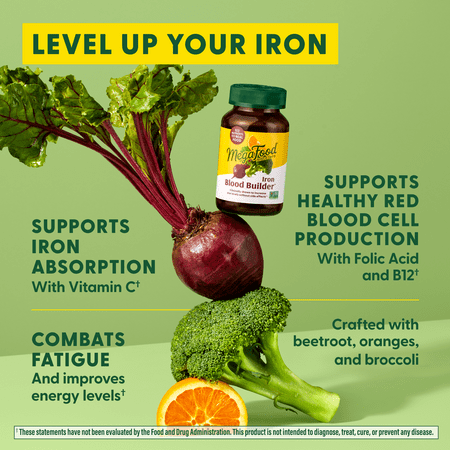 MegaFood, Blood Builder, Iron Supplement, Support Energy and Combat Fatigue without Nausea or Constipation, Non-GMO, Vegan, 90 Tablets