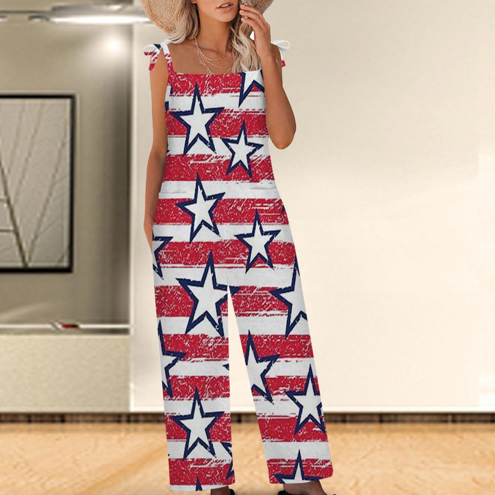 Ameri　FOLD TUCK WIDE ROMPERS 4th of July Jumpsuit for Women American Flag Patriotic Loose