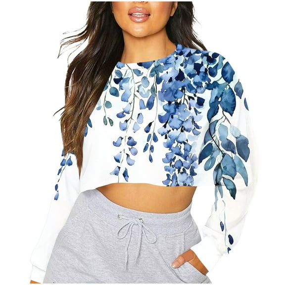 YUGYXL Women's Cropped Pullover Trendy Flower Print Fall Sweatshirts Y22K Long Sleeve Sweatshirt Blouses Sky Blue XL
