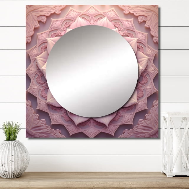 Designart "Fragile Pink Lotus Floral Mandala I" Boho Mandala Square Mirror For Wall Decor - Large Pink Square Printed Wall Mirror Art - Square Traditional Mirror - Wall Mounted Square Large Mirror