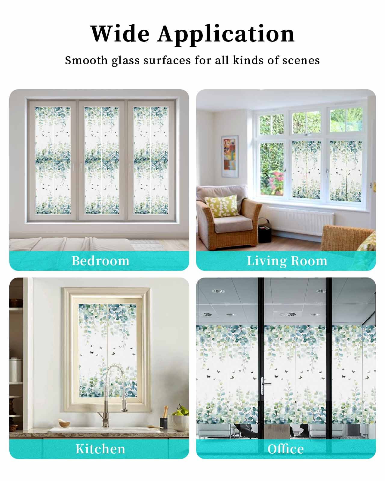 Window Privacy Film Blue Green Eucalyptus Stained Glass Window Film Decorative Sun Block Window Cover Sage Gradient Leaves Butterfly Window Clings Static Adhesive Sticker for Bathroom 35.4"x78.7"