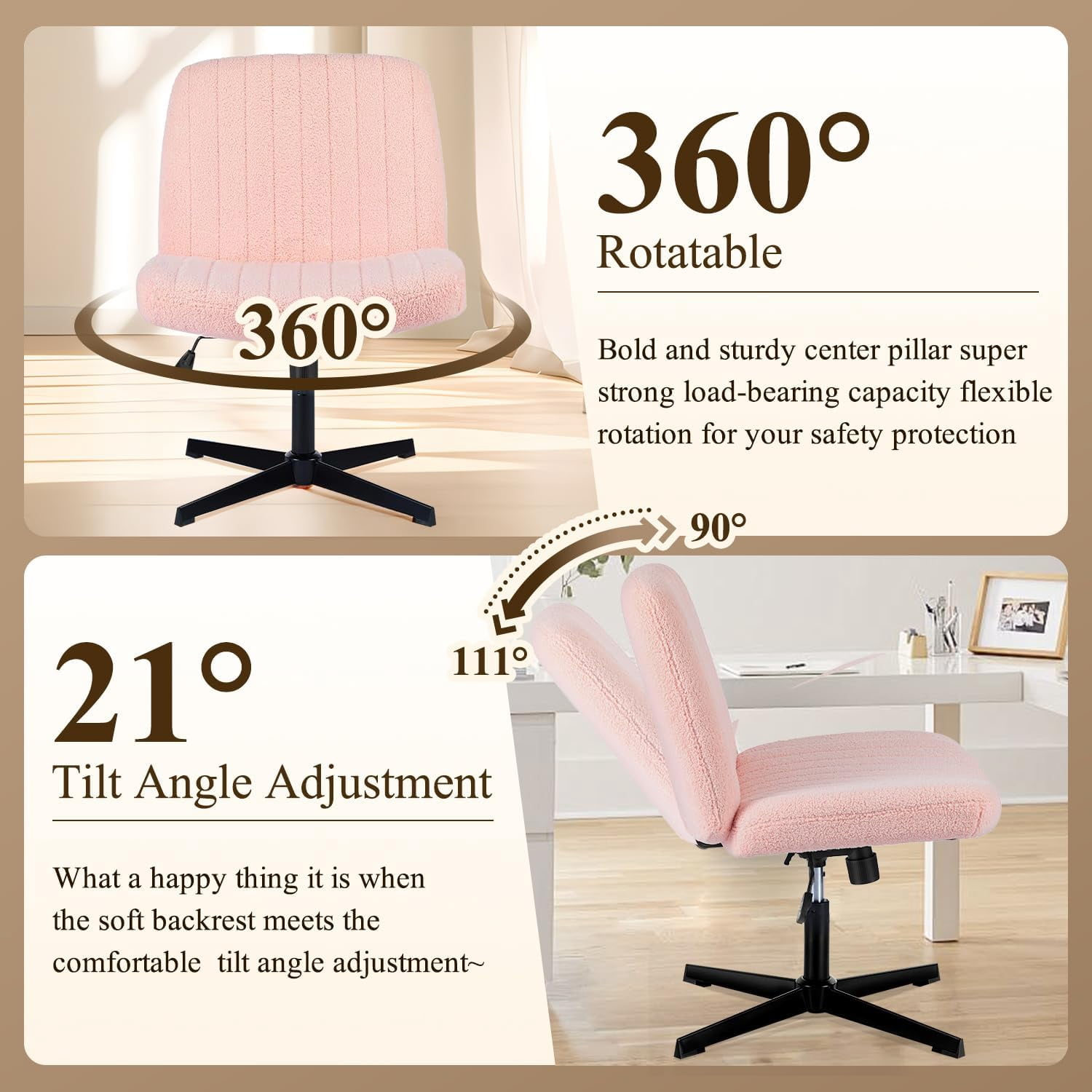 QUIOCOZY Wide Criss Cross Leg Chair, Swivel Office Desk Chair, Adjustable Faux Fur Computer Task Chair, Comfy Armless Vanity Makeup Chair without Wheels for Home & Office