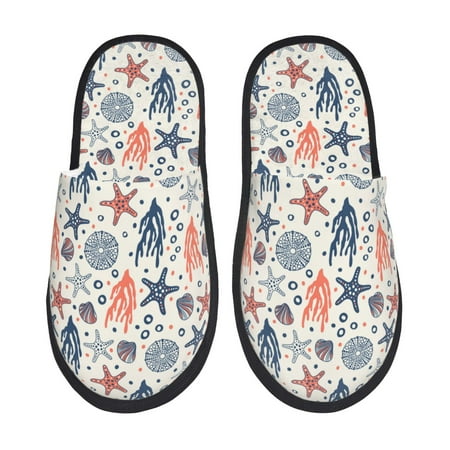 Balery Starfish Shell Slient Indoor Furry Fleece Comfort House Shoes Soft Non-Slip Home Shoes Cotton slippers House Slippers-- Large