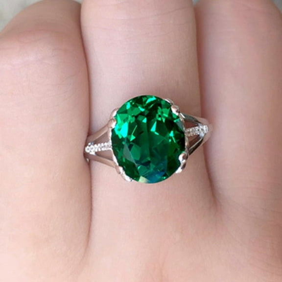Emerald Ring 4 Carats Oval Cut 925 Sterling Silver Cubic Zirconia Crystal Diamond Solitaire Engagement Wedding