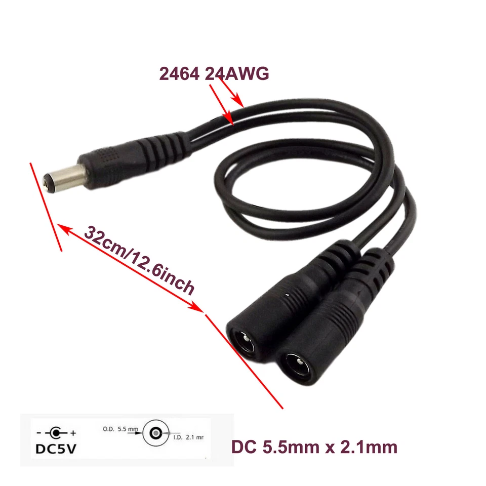 KLYNE- 2X Dc Power Cable 5.5Mm X 2.1Mm 1 Male To 2 Dual Female Splitter Led Light Strip