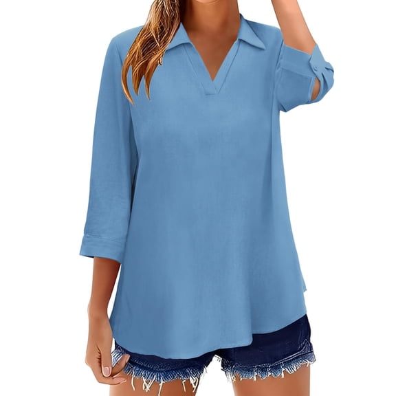 Lenpel Women's Cotton Linen Tops 3/4 Length Sleeve V Neck Collared Curved Hem Pleated T-Shirts Loose Tunic Blouses Dressy Casual Tees