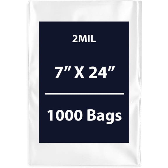 Clear Flat Poly Bags, 2Mil 7" X 24" & 1000 Bags | Low-Density Polyethylene (LDPE), Flat Open Top Plastic Packaging Packing | Flexible and Durable Plastic Bags