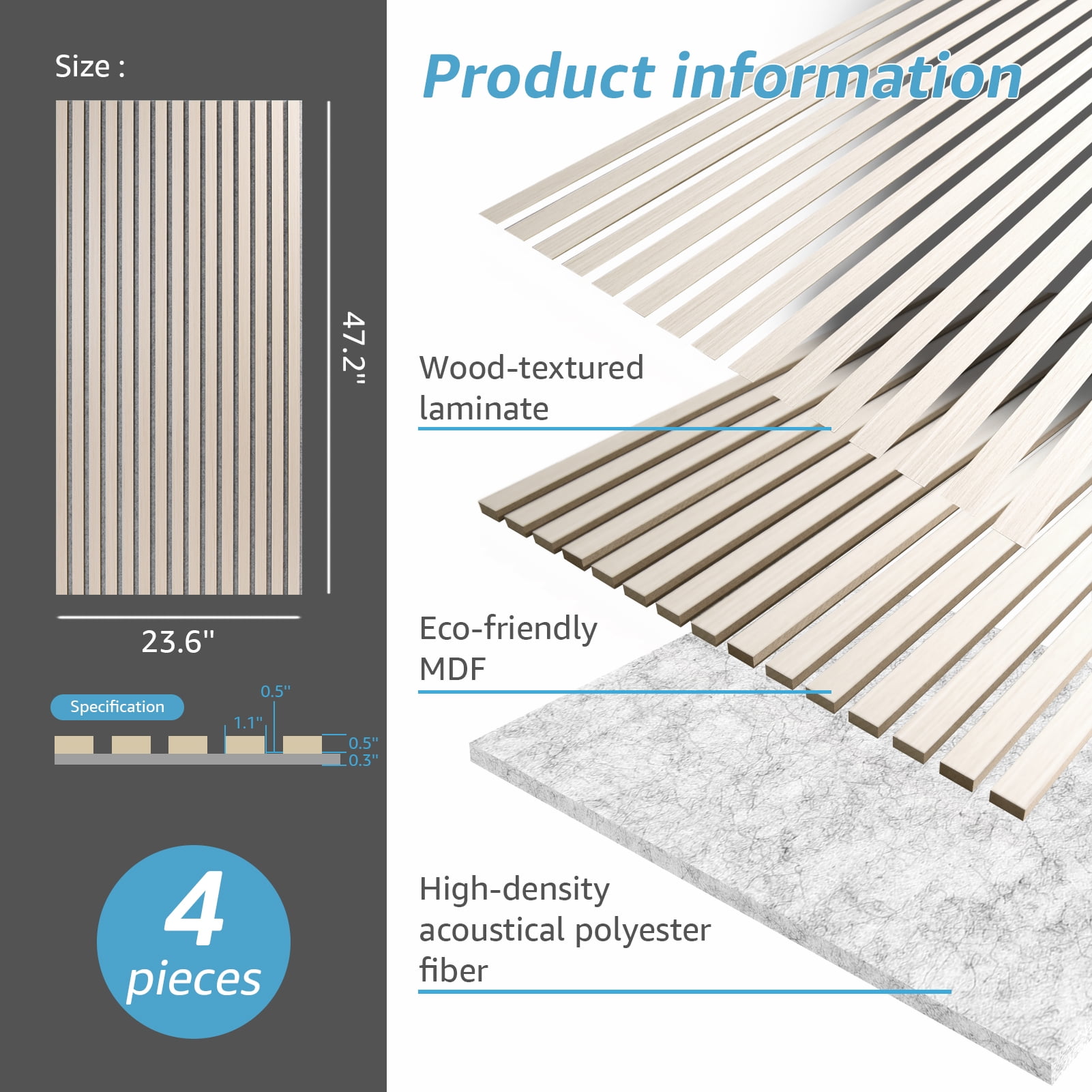 Art3d 3D Acoustic Wood Panels, White Elm, 23.6" x 47.2", MDF, 4-Pack
