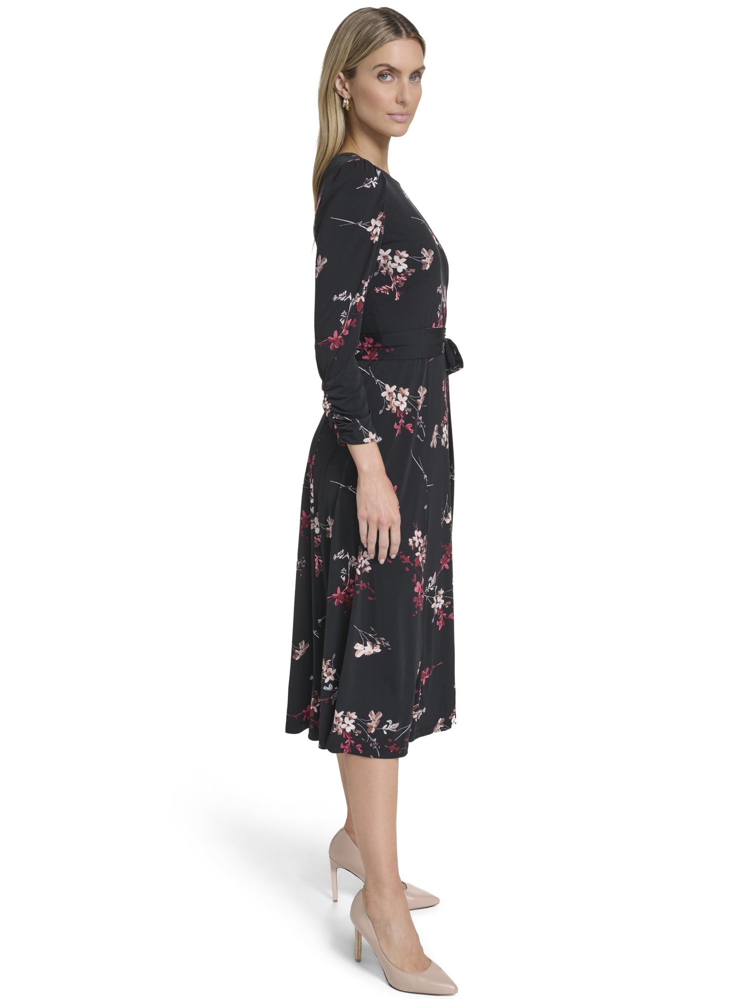 Falling Flowers Women's 3/4 Sleeve Belted Midi Dress, Sizes XS-XL