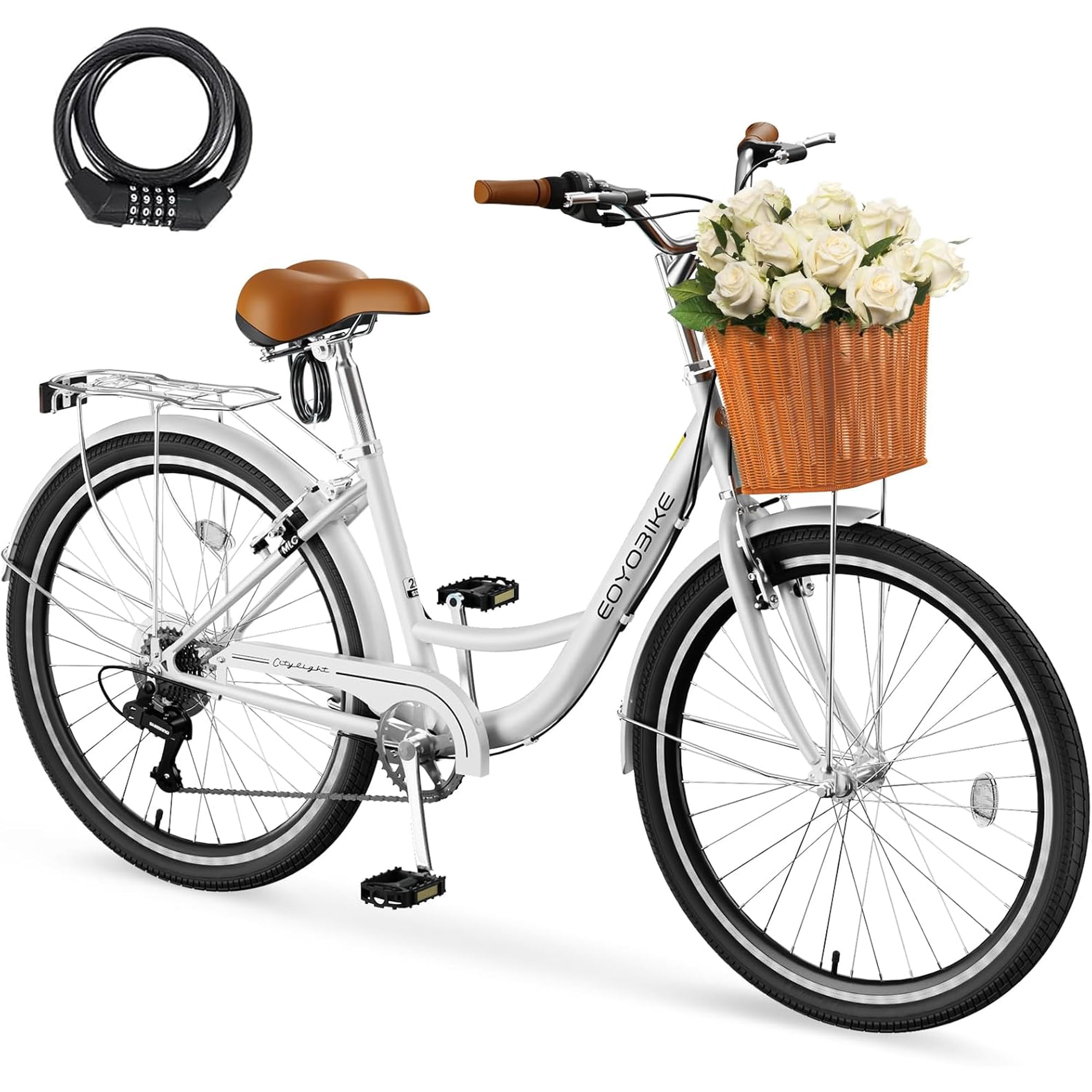 ABORON Lightweight Women Bike for Commuting with Basket & Combination Lock - 24/26 inch 7 Speed Beach Cruiser Bike for Women - Low Step Through City Bikes Commute Bicycle for Ladies