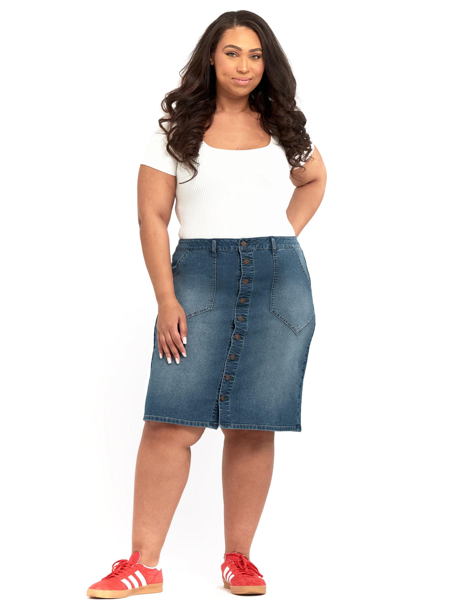 A3 Denim Women s Plus Size Midi Skirt Walmart