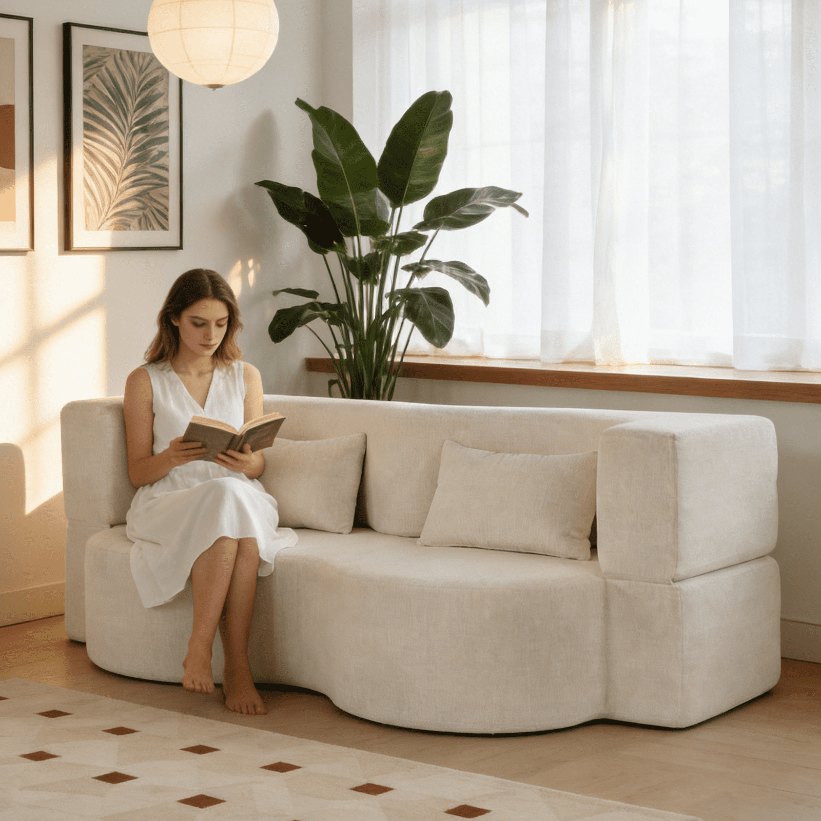MOONMISS 75'' Folding Boneless Couch, 2-in-1 Sleeper Sofa Bed with Memory Foam, Foldable Sofa with 2 Pillows Living Room, Apartment No Assembly,Beige