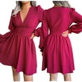 thumbnail image 6 of Fesfesfes Spring Dresses for Women V Neck Long Sleeve Party Dress Casual Solid Color Pleated Dress Knee Length Swing Sun Dress, 6 of 8