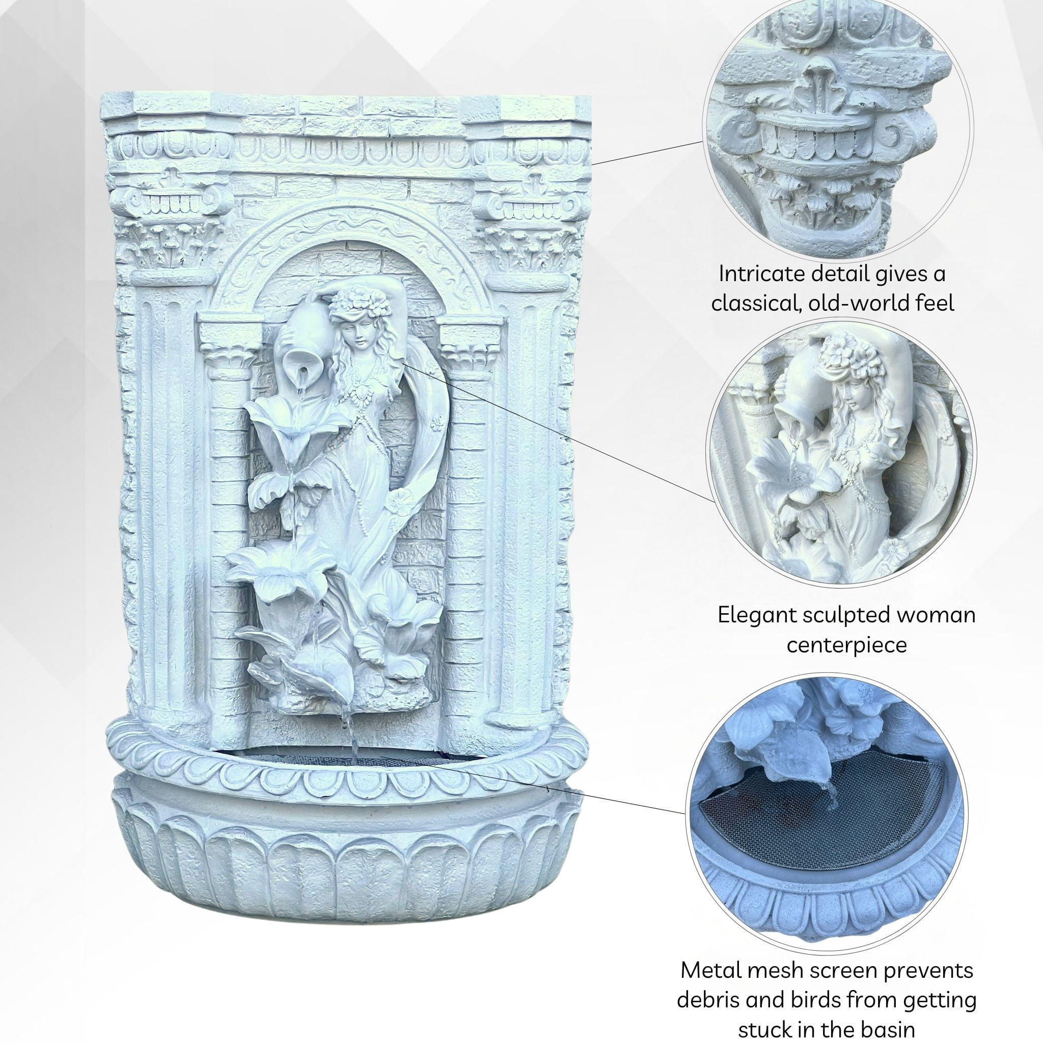 XBrand 30.3" Solar-Powered Outdoor Wall Fountain with Flower Maiden Statue, Antique Stone Waterfall Design for Garden, Yard Décor & Bird Bath, Polyresin