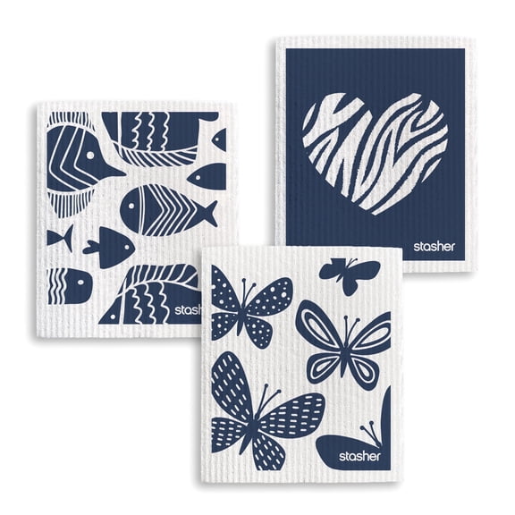 Stasher Swedish Reusable Kitchen Dishcloths, Washable, 3 Pack, Blue Animal Print, 7x8 in