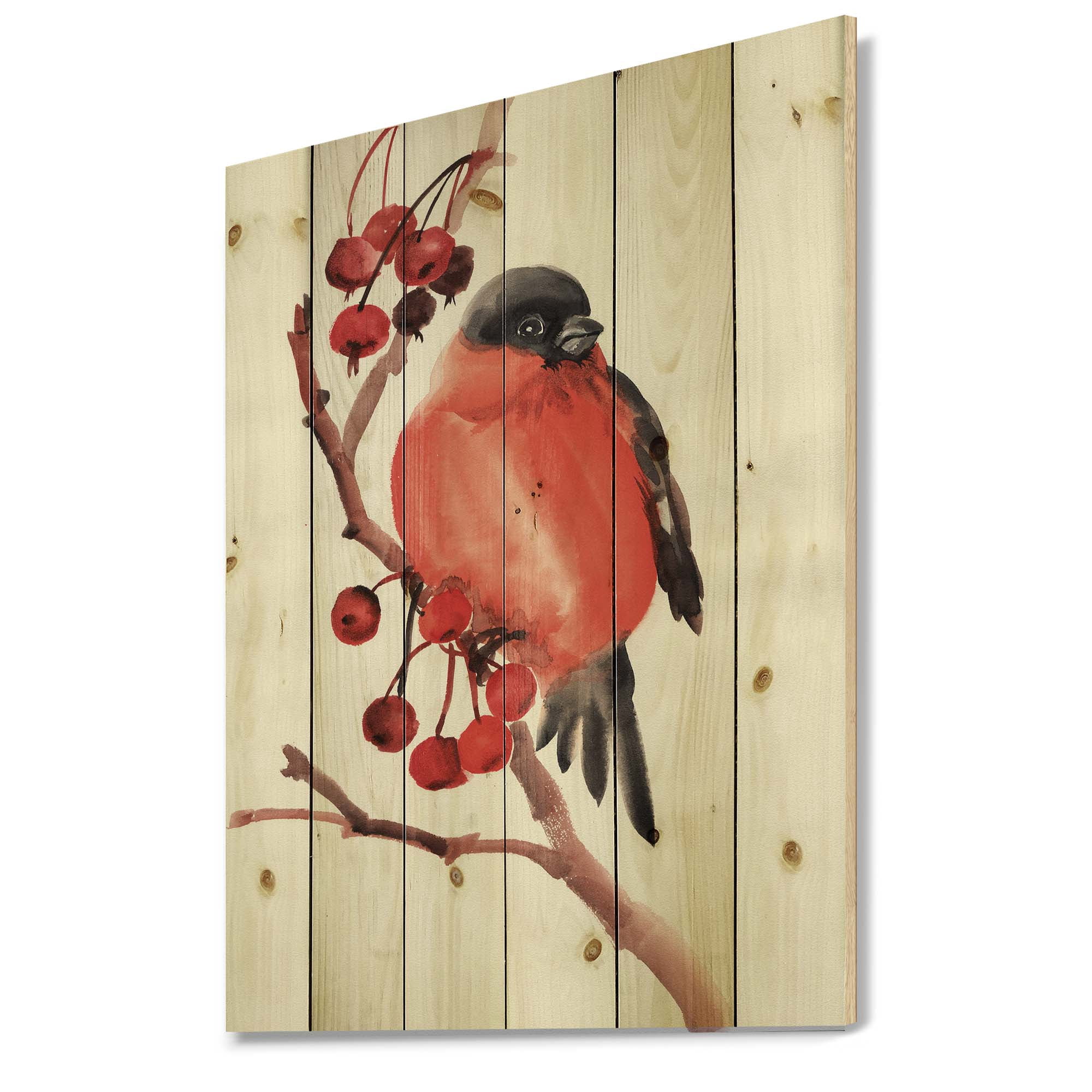 Designart 'Red Bullfinch Bird Sitting On A Branch With Berries' Traditional Print on Natural Pine Wood