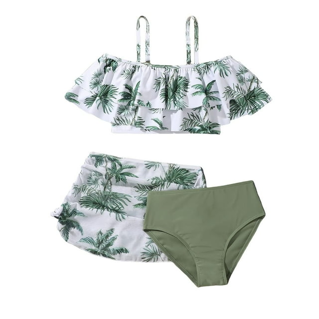 Hiiyo Maillot de Bain Bikini 3 Pcs pour Grandes Filles Imprimé Tropical avec Volants et Paréo