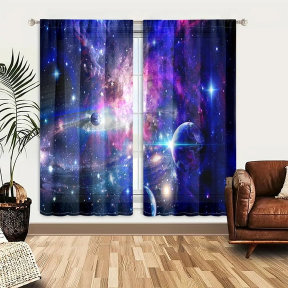 WNOOHIY Stunning Blue Purple Galaxy Starry Rod Pocket Curtains for Bedroom Living Room,2 Panels
