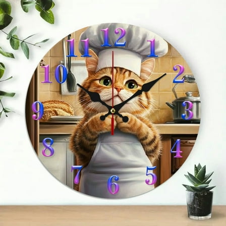1 pc cat chef hat Theme Wood Wall Clock, 10 inch Wall Clock Great for Living Room, Kitchen, Dorm Decoration and Daily Practical Gift