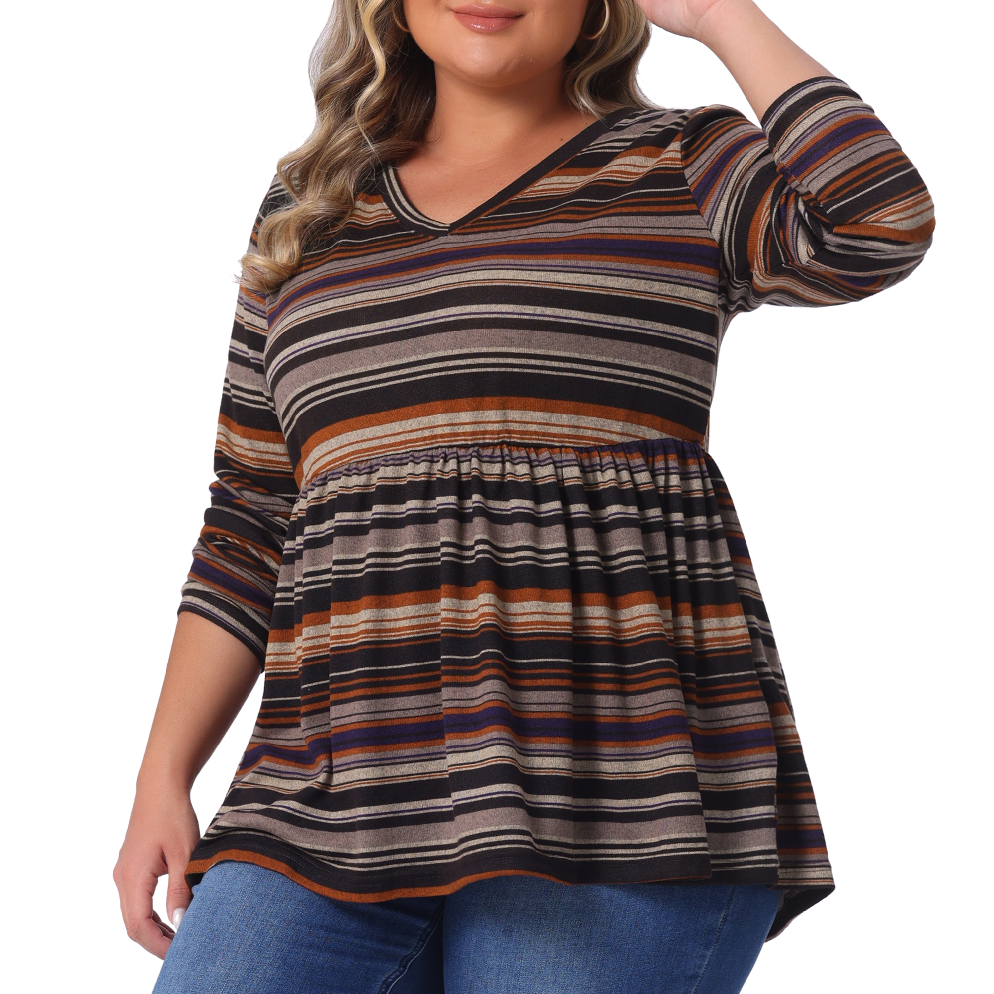 DARING DIVA Women's Plus V Neck Stripe Peplum Knit Blouse 3X Brown