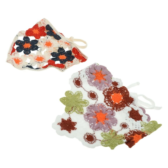 Unique Bargains 2 Pcs Triangle Bandana Flowers Knitted Turban Crochet Hair Scarf for Women White Beige