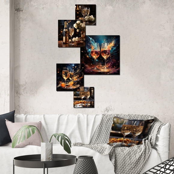 Designart "Timeless Elegance" Wine & Champagne Wall Art Set Of 5 - White Traditional Living Room Metal Art Set