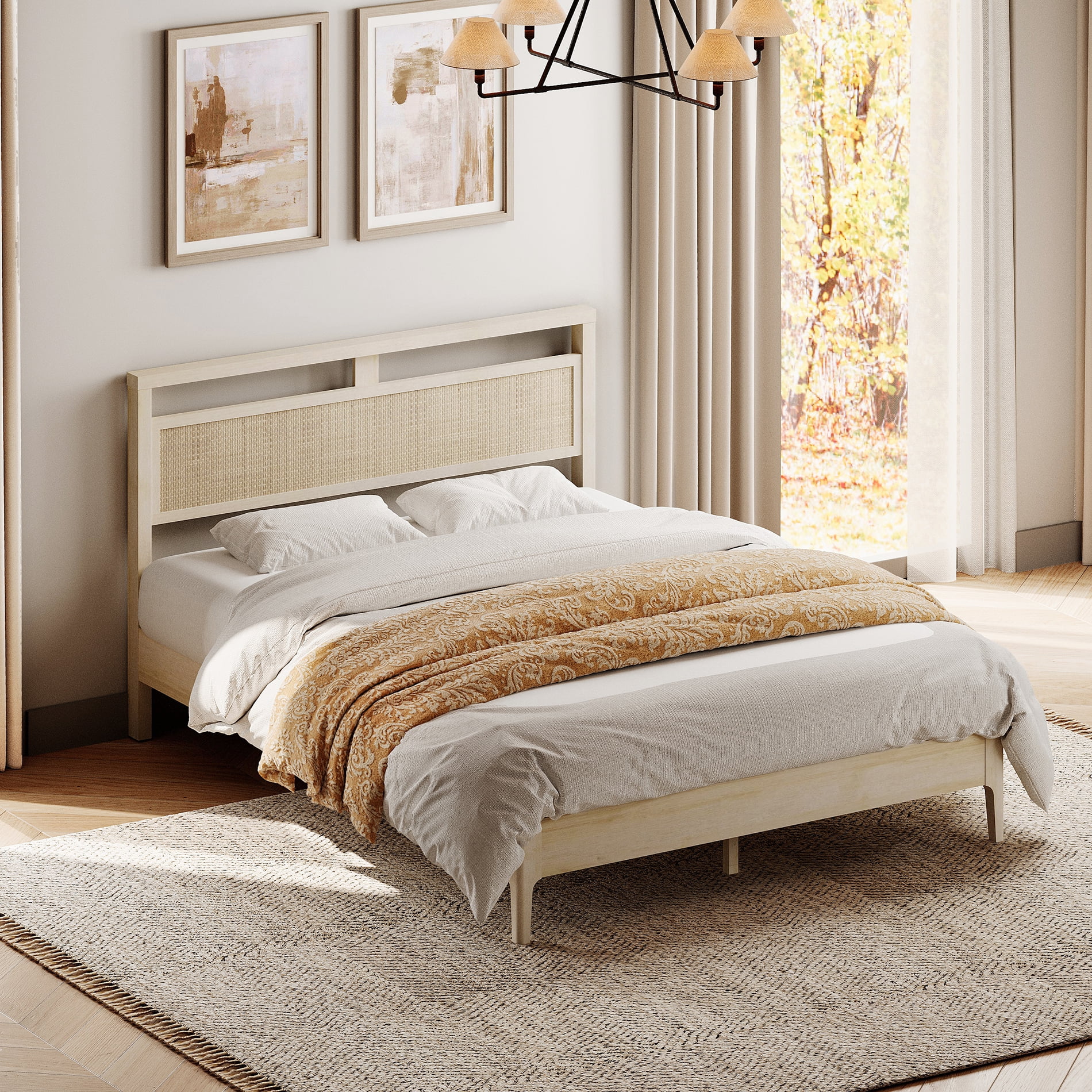 3-Piece Bedroom Set, Queen Bed Frame with Rattan Headboard & 2 Nightstand,Beige