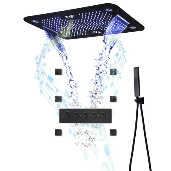 Shower Faucet Set Music Rain Shower System Thermostatic Shower Kit with Valve and Shower Head, 64 Color LED Shower Faucets Sets Complete Black Luxury Shower System with 6pcs Shower Body Spray
