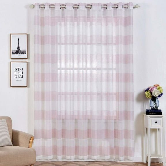 Efavormart 2 Panels Blush/White Faux Linen Woven Sheer Window Drapery Stripe Window Treatment Grommet Curtain Panel 52"x108"