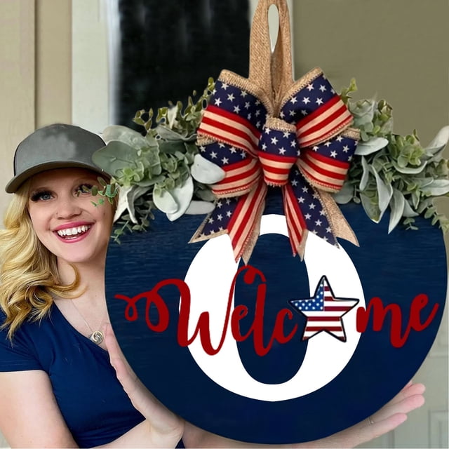 Patriotic Front Door Welcome Wreath Family Name Decoration for Independence Day Celebration