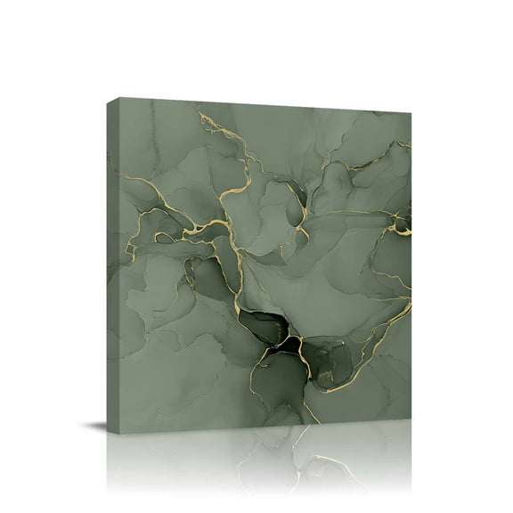 Abstract Canvas Wall Art, Sage Green Golden Marble Fluid Lines Framed Wall Decor Modern Artwork Prints Painting for Living Room, Bedroom, Kitchen & Cafe Decor 8x8 Inch