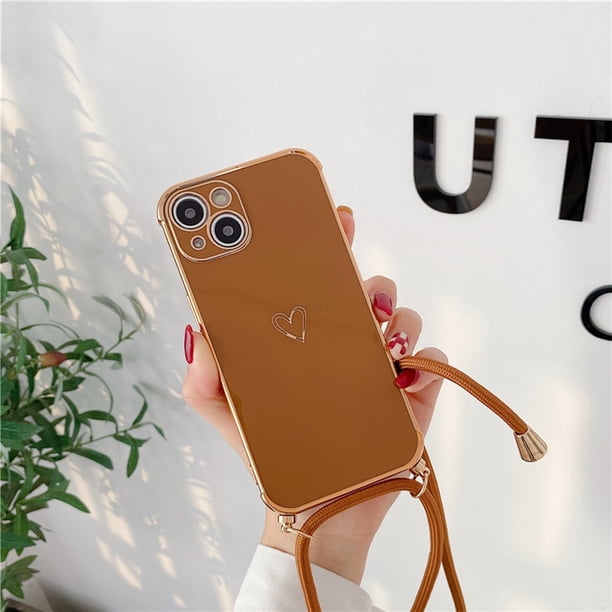 Lindo electrochapado amor corazón collar cordón caso para iPhone 11 12 14 13 Pro Max XS XR X 7 8 Plus Mini SE 3 cordón correa cubierta Deng Xun unisex