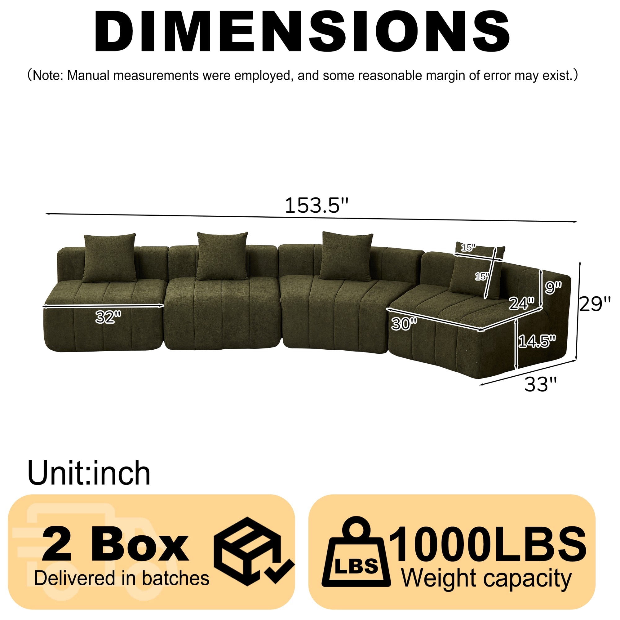 Sailvan Modular Curved Sectional Sofa, Chenille Circular Sofa with 4 Pillows, No Assembly Required Cloud Couch for Living Room & Office Green