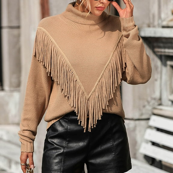 Solid Color High Neck Sweater for Women Tassel Patchwork Long Sleeve Tops Winter Loose Casual Knit Pullover