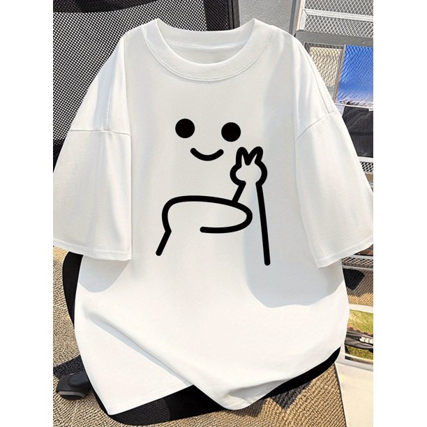 Men's 100% Cotton Short Sleeve T-Shirt - Black Casual Summer Tee with Playful Smiling Stick Figure Peace Sign Graphic, Regular Fit Round Neck, Machine Washable, Simple Minimalist Design, Summer Gifts