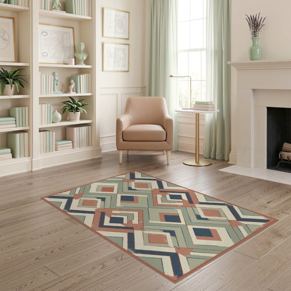 ODIKA Southwestern Grid Border Motif Stripe Stepped Aztec Vintage Mosaic Playful for Dorm Room, Small Living Apartment, Stain Resistant Low Profile