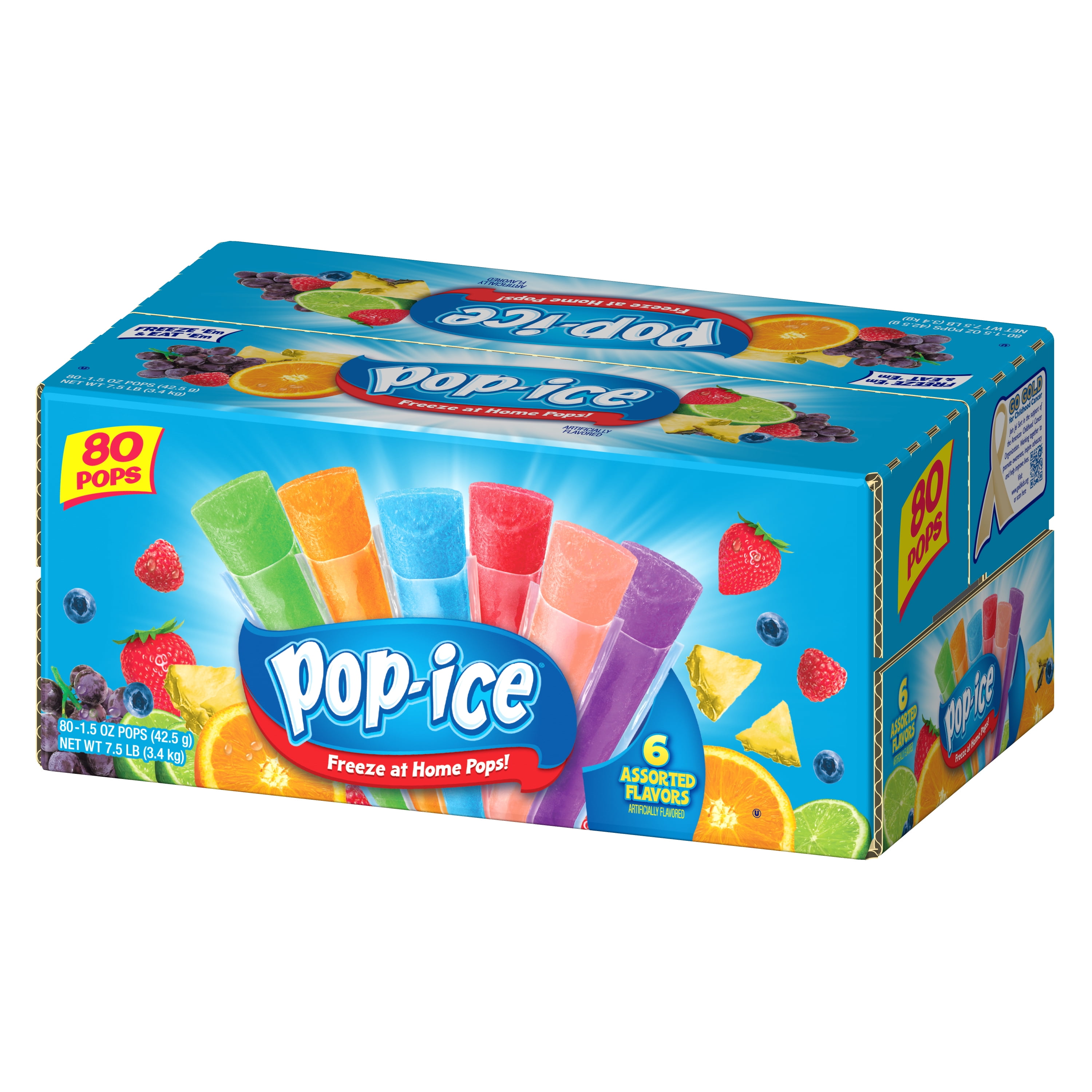 Pop-Ice Assorted Fruit Freezer Ice Pops, Gluten-Free Frozen Snack, 1.5 oz, 80 Count