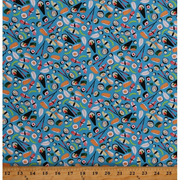 Cotton Food Mini Sushi Japanese Cuisine Seafood Fish on Teal Cotton Fabric Print by the Yard (GAIL-CD8890-TEAL)