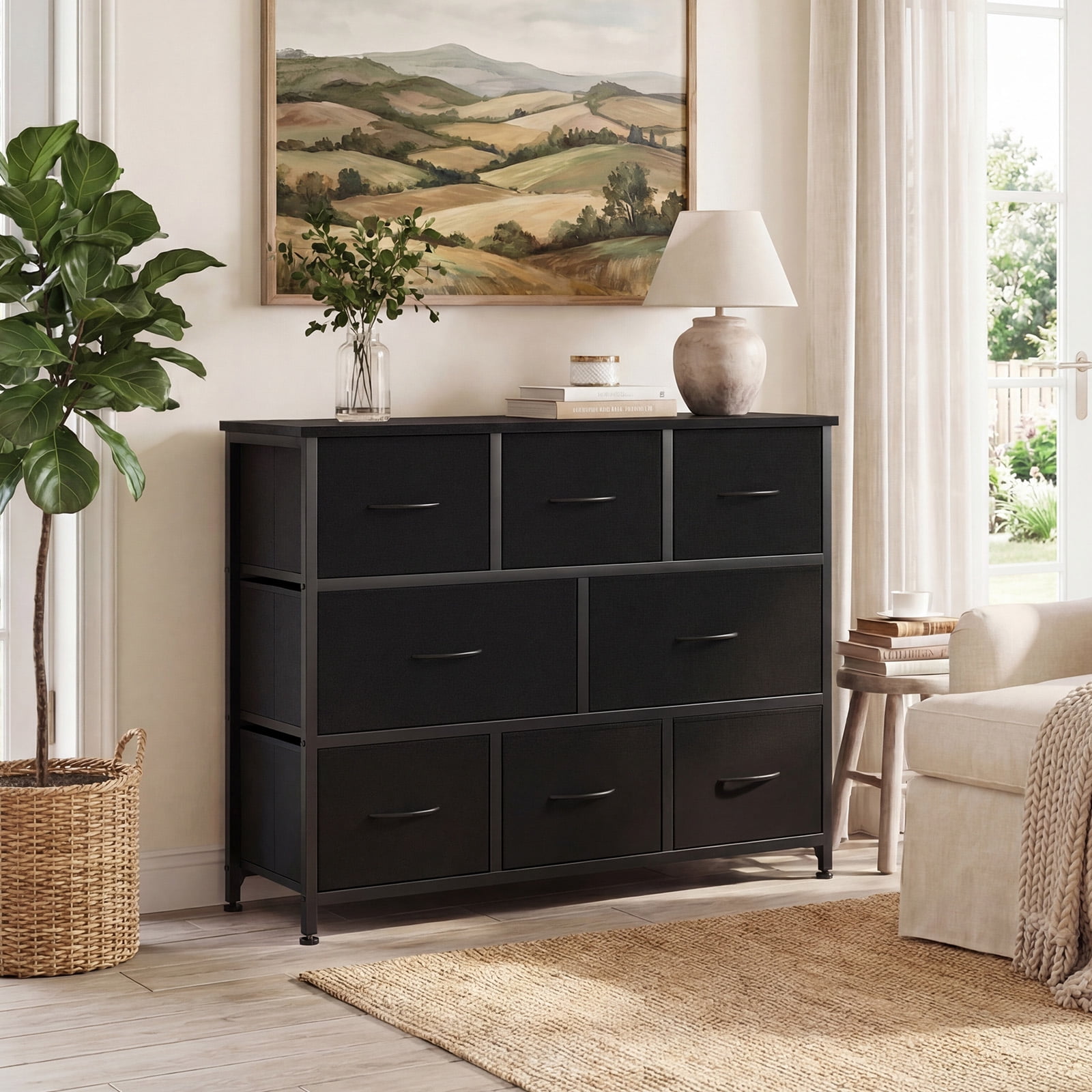 CONCETTA 8 Drawer Fabric Chest, Dresser for Bedroom, Wide Storage Tower for Closet, Living Room, Hallway, Black