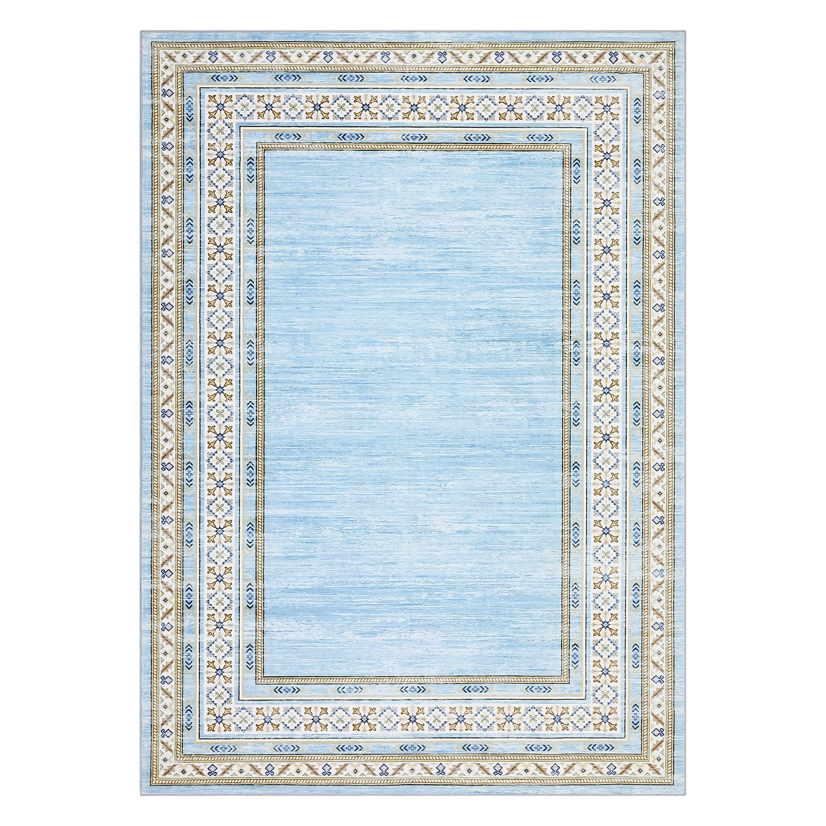 Garvee 8'x10' Bordered Rug Area Rug Contemporary Floral Washable Rugs Low Pile Non-Slip Rugs, Light Blue